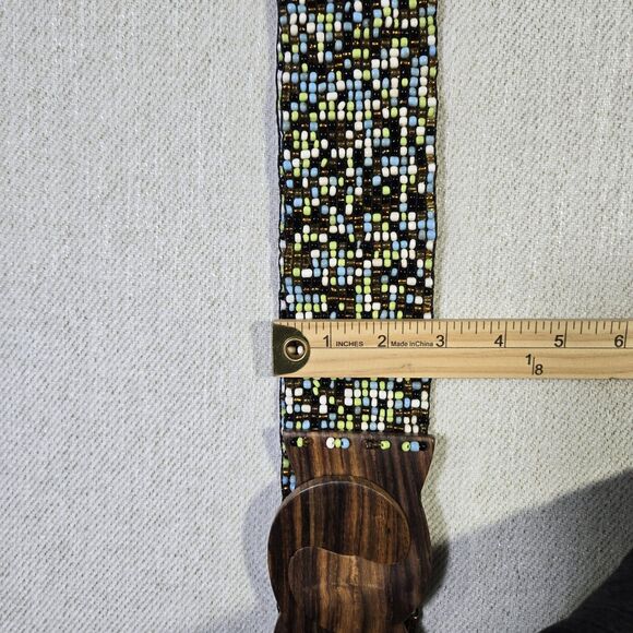 Belt Beaded Boho Locking Wood Clasp  Y2K 32 Inch Brown Blue - Picture 11 of 11